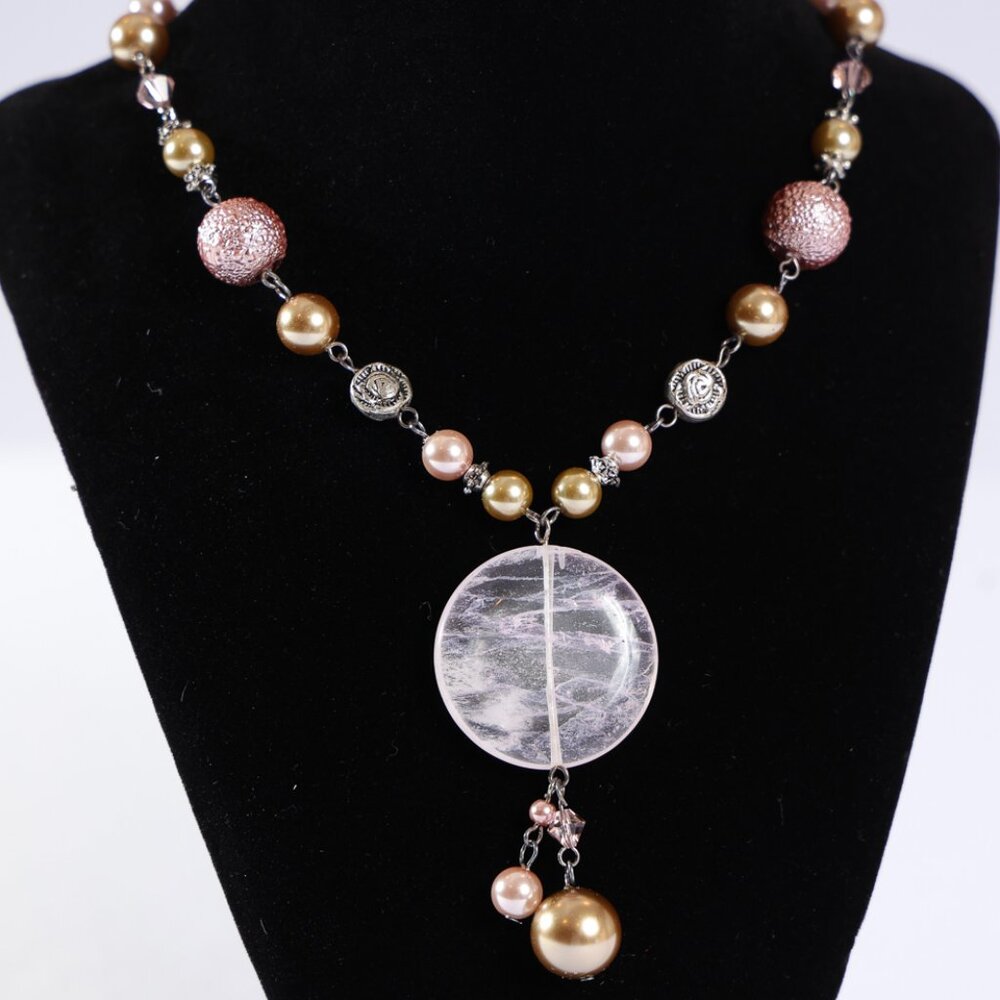 Silver, Pink & Gold Tone Pendant Necklace